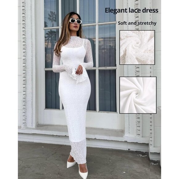 Womens Lace Dress Set Sheer Midi Maxi Long Sleeve Elegant Party Outfit - Picture 4 of 5